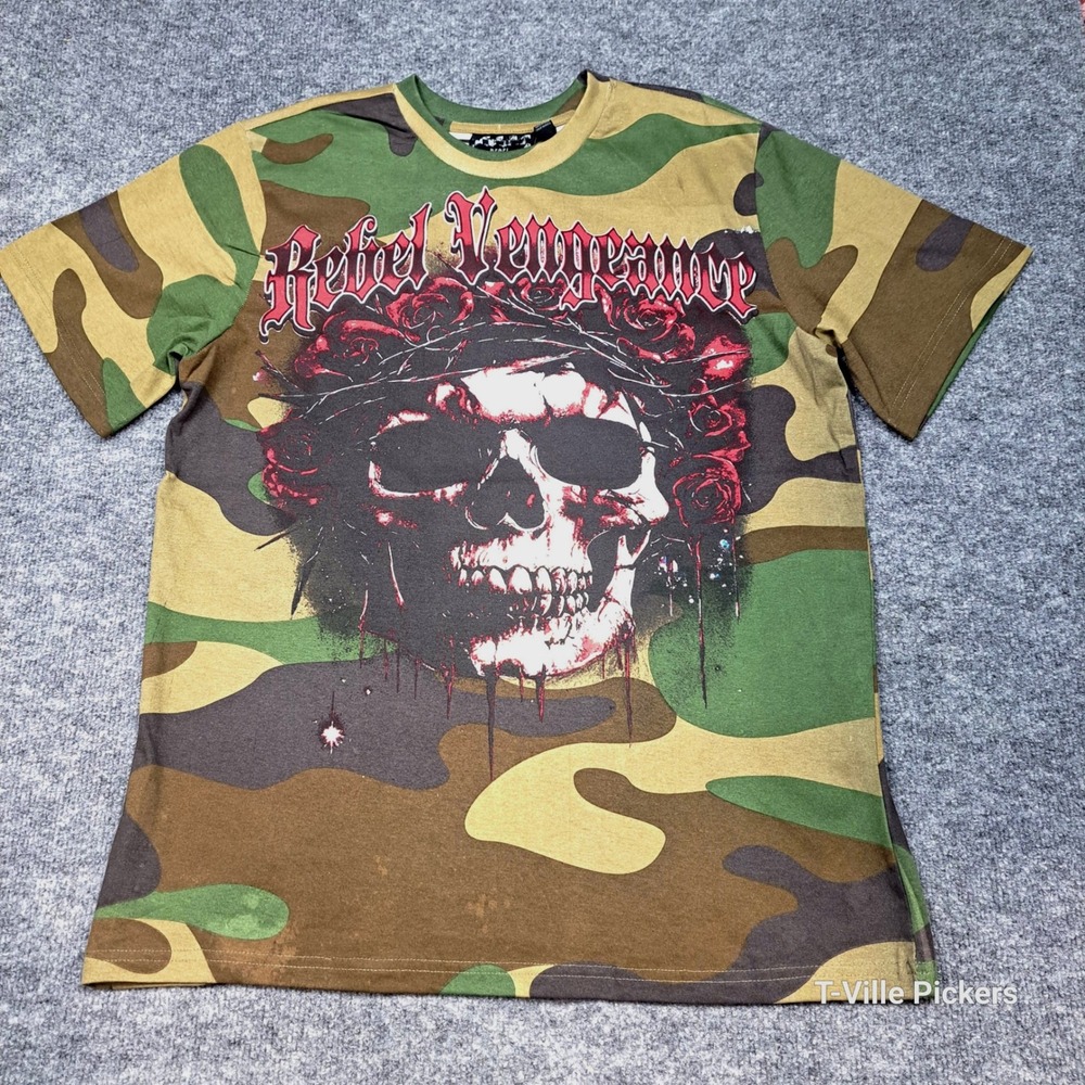 Rebel Vengeance Mens Camo Skull Roses Graphic T-Shirt Green Brown Size M NEW
